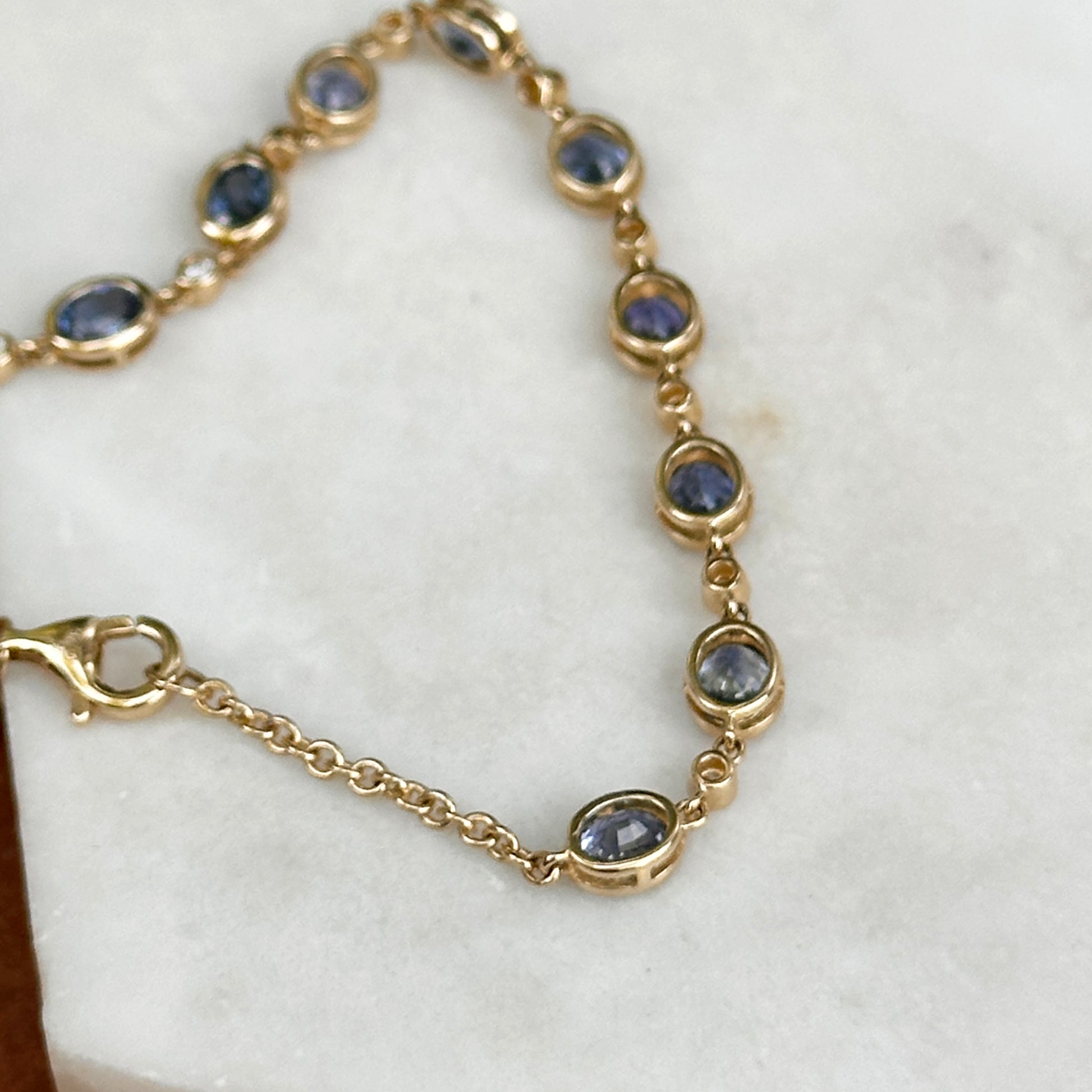 Estate 14KT Yellow Gold Oval Blue Sapphire + Round Diamond Bezel Link Bracelet - LSJ