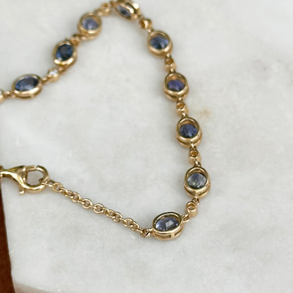 Estate 14KT Yellow Gold Oval Blue Sapphire + Round Diamond Bezel Link Bracelet - LSJ