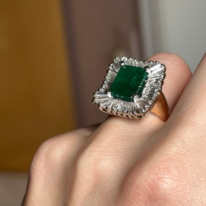 Estate 14KT Yellow + White Gold Emerald-Cut Emerald + Ballerina Diamond Ring
