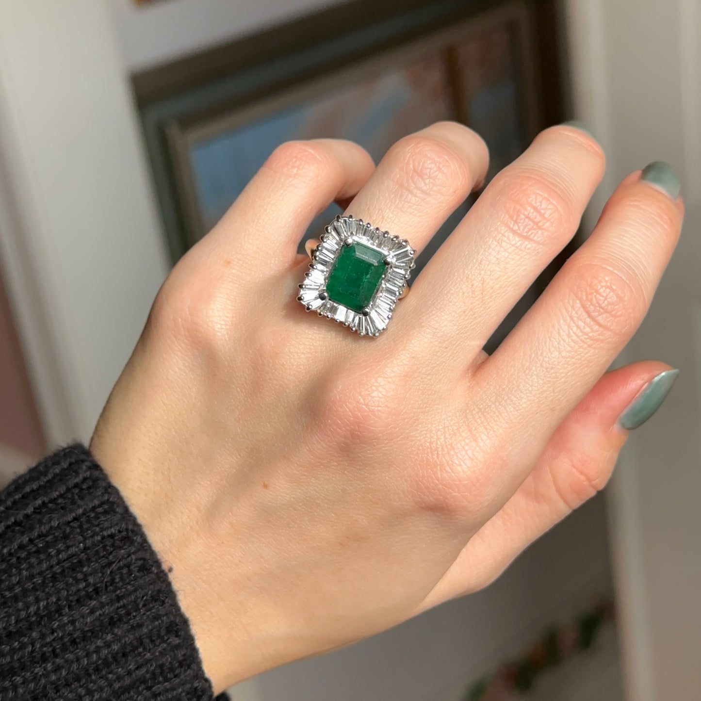 Estate 14KT Yellow + White Gold Emerald-Cut Emerald + Ballerina Diamond Ring
