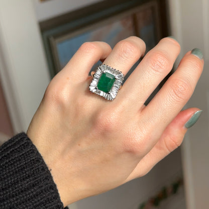 Estate 14KT Yellow + White Gold Emerald-Cut Emerald + Ballerina Diamond Ring