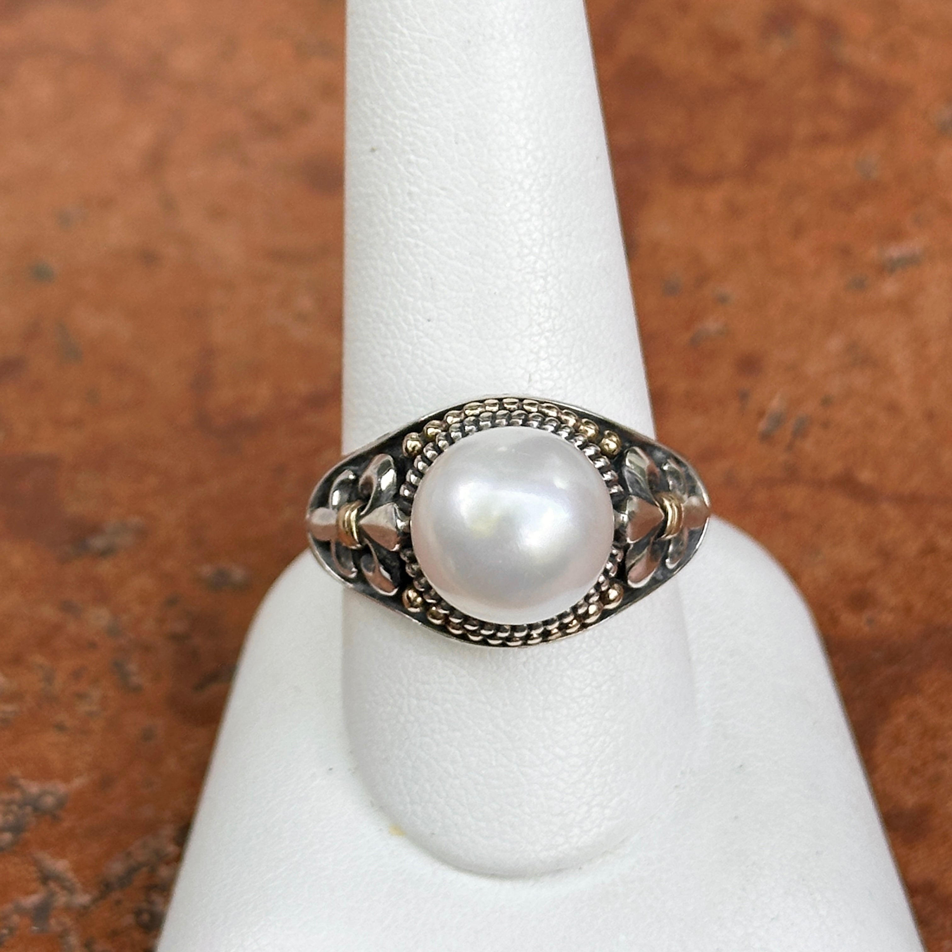 Sterling Silver + 14K Yellow Gold Pearl Fleur De Lis Ring Size 10
