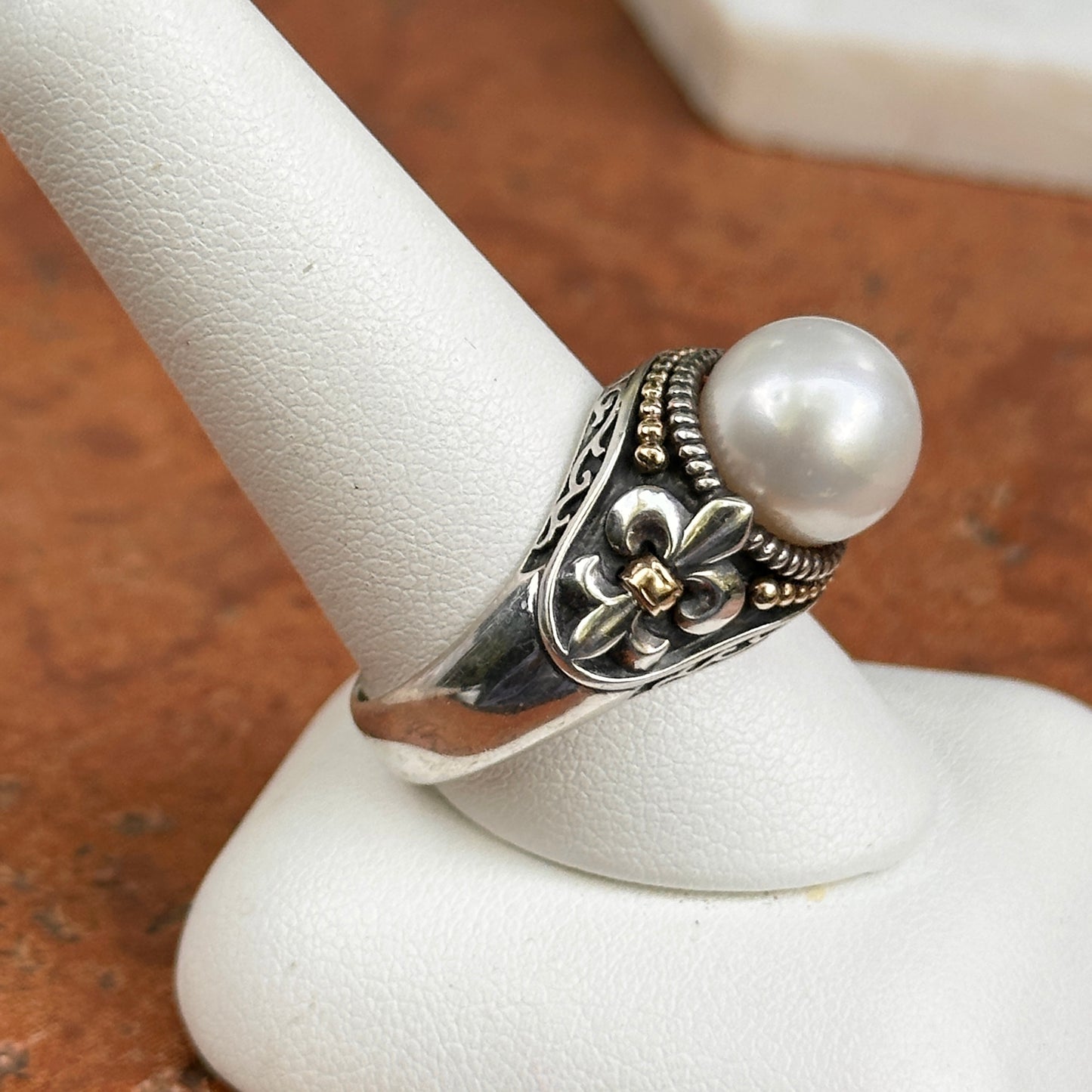 Sterling Silver + 14K Yellow Gold Pearl Fleur De Lis Ring Size 10