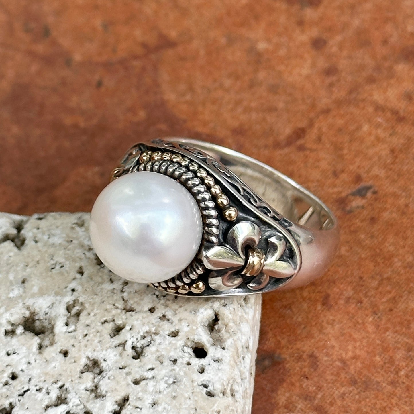 Sterling Silver + 14K Yellow Gold Pearl Fleur De Lis Ring Size 10
