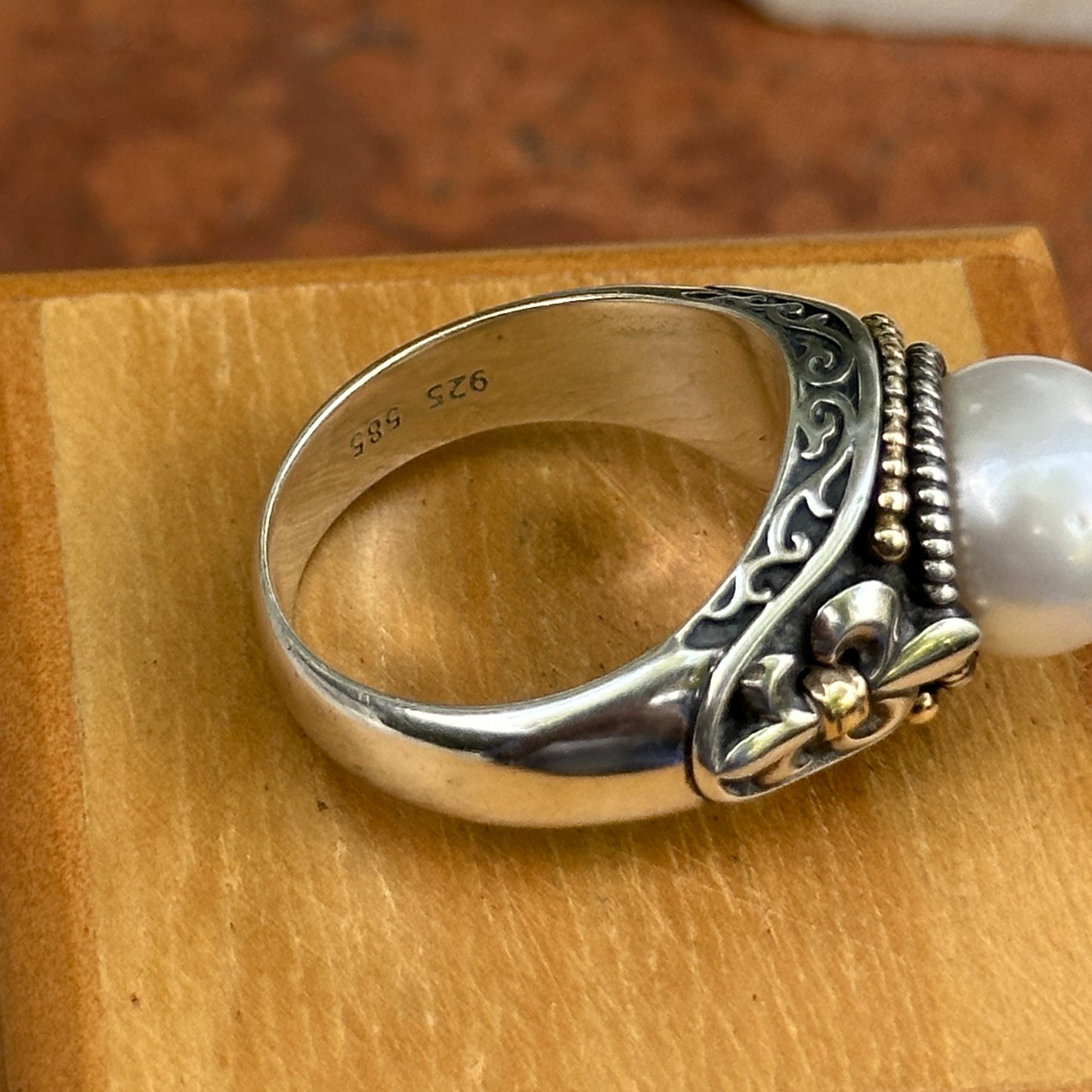 Sterling Silver + 14K Yellow Gold Pearl Fleur De Lis Ring Size 10