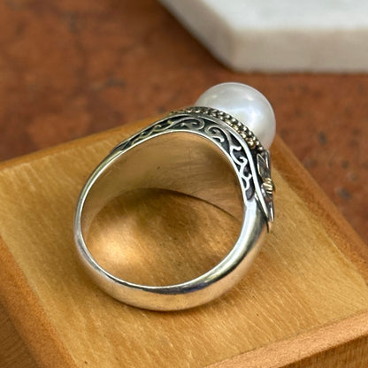 Sterling Silver + 14K Yellow Gold Pearl Fleur De Lis Ring Size 10