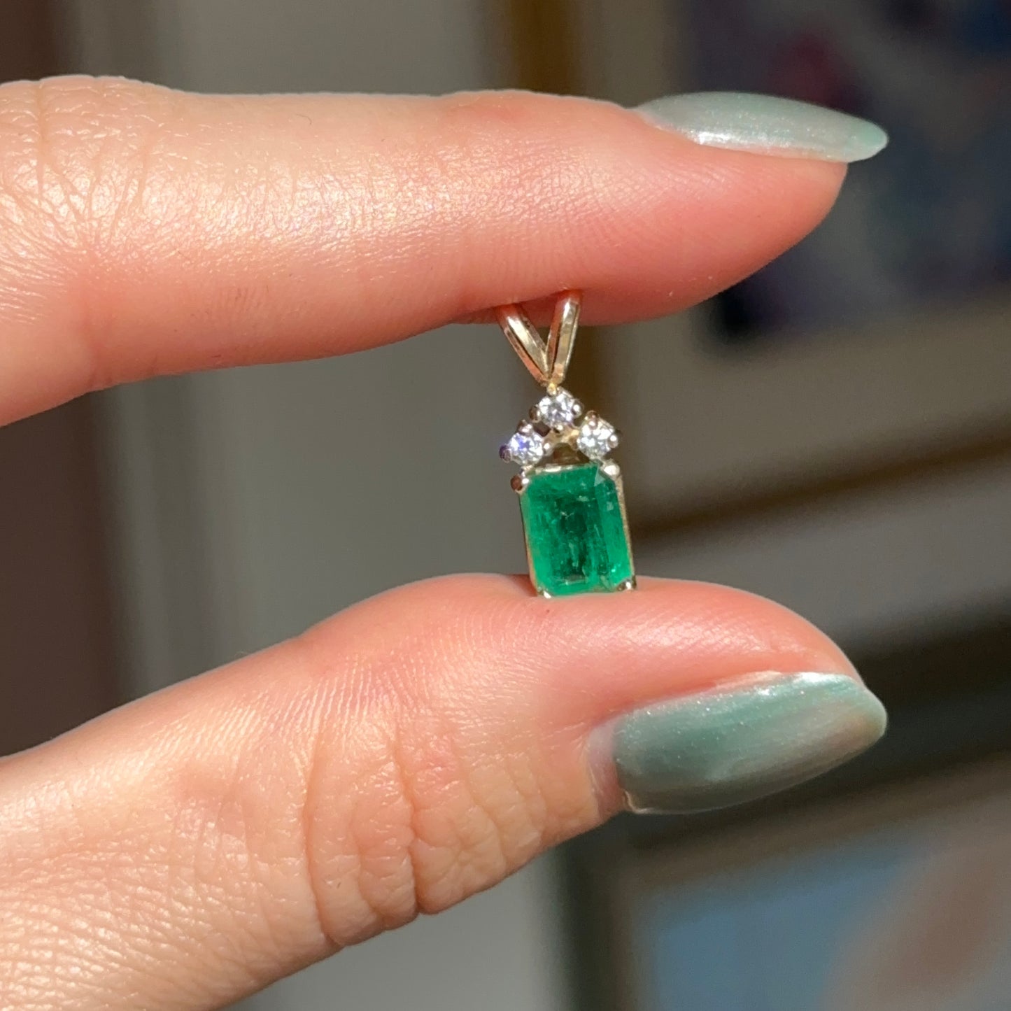 Estate 14KT Yellow Gold Emerald-Cut Emerald + Diamond Pendant