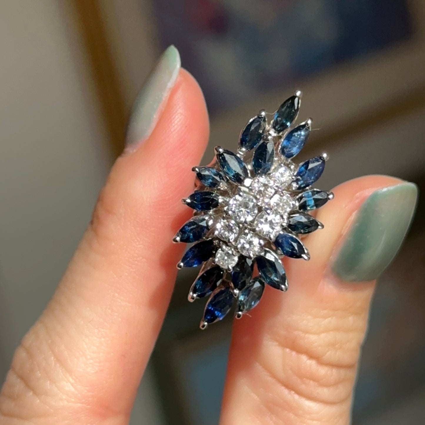 Estate 14KT White Gold Blue Sapphire + Diamond Mid Century Ring