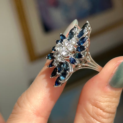 Estate 14KT White Gold Blue Sapphire + Diamond Mid Century Ring