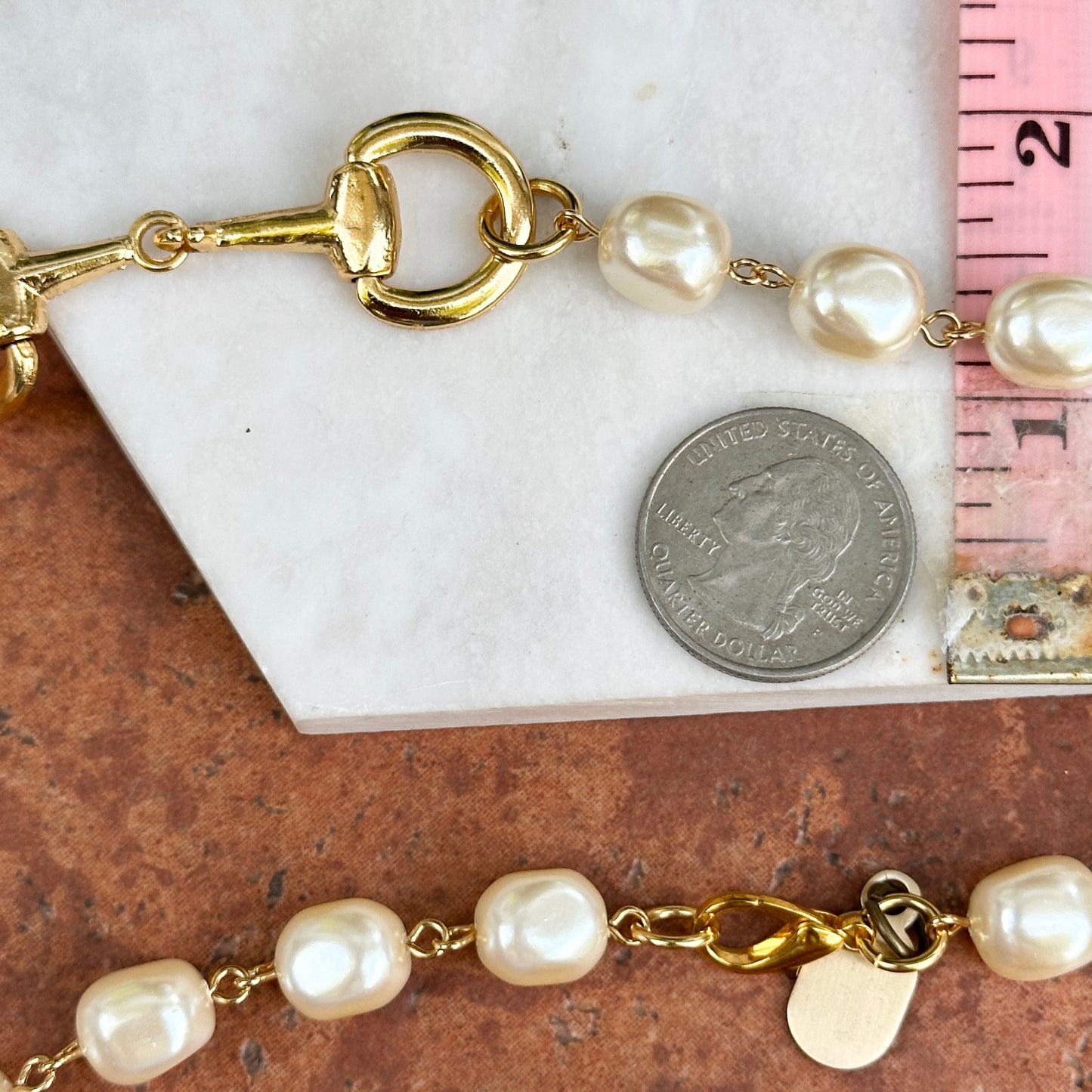 Yellow Gold-Plated Near Round Pearl Bead Horse Bit Necklace 20''