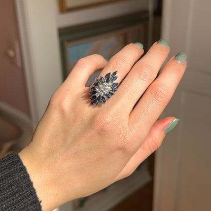 Estate 14KT White Gold Blue Sapphire + Diamond Mid Century Ring