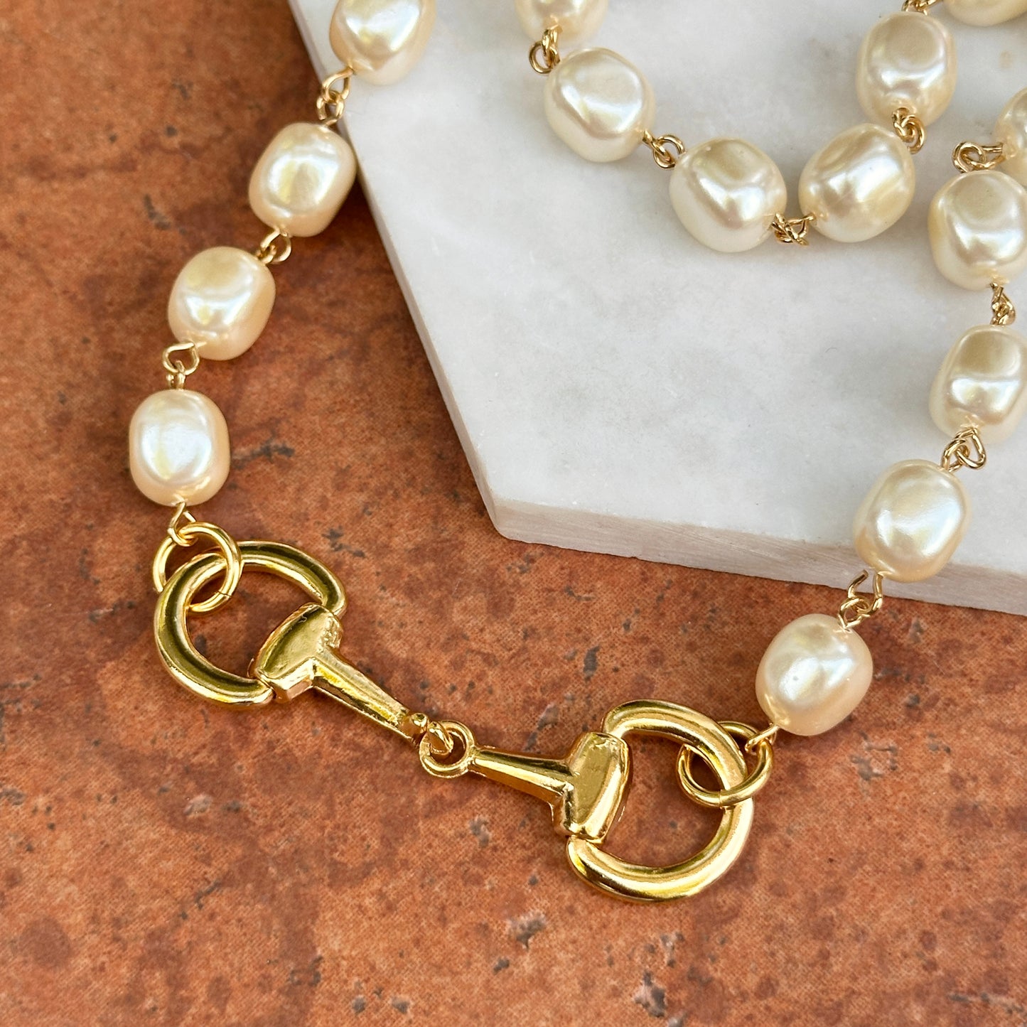 Yellow Gold-Plated Near Round Pearl Bead Horse Bit Necklace 20''