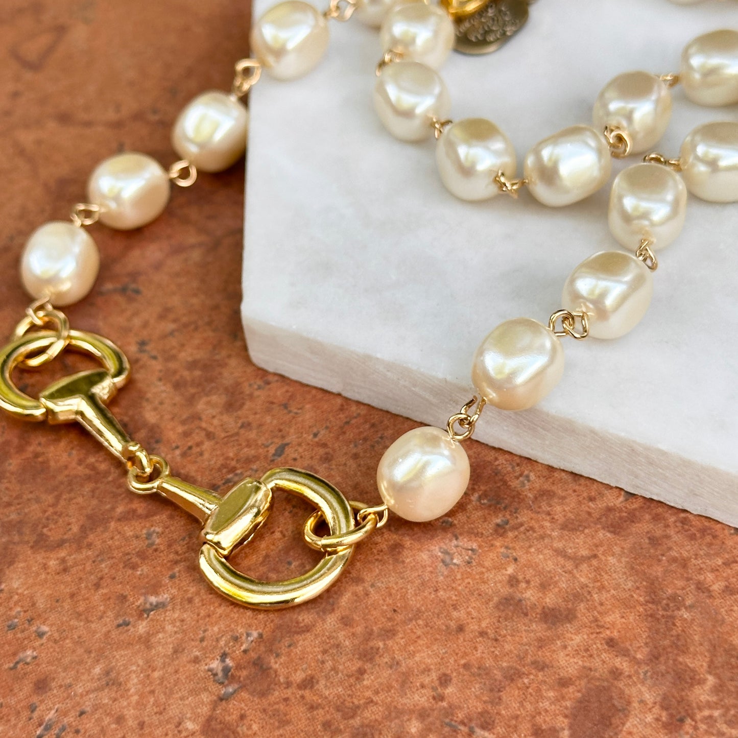 Yellow Gold-Plated Near Round Pearl Bead Horse Bit Necklace 20''
