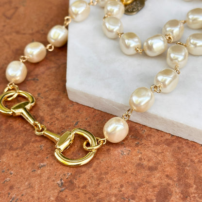 Yellow Gold-Plated Near Round Pearl Bead Horse Bit Necklace 20''