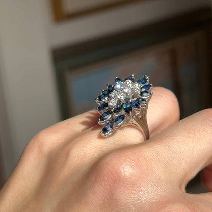 Estate 14KT White Gold Blue Sapphire + Diamond Mid Century Ring