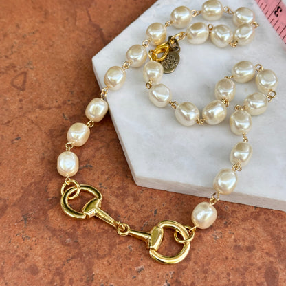 Yellow Gold-Plated Near Round Pearl Bead Horse Bit Necklace 20''