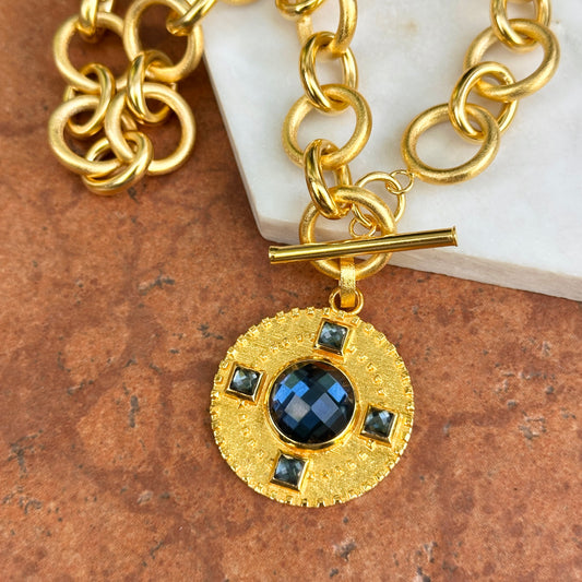 Yellow Gold-Plated Square and Round Blue Stone Toggle Necklace