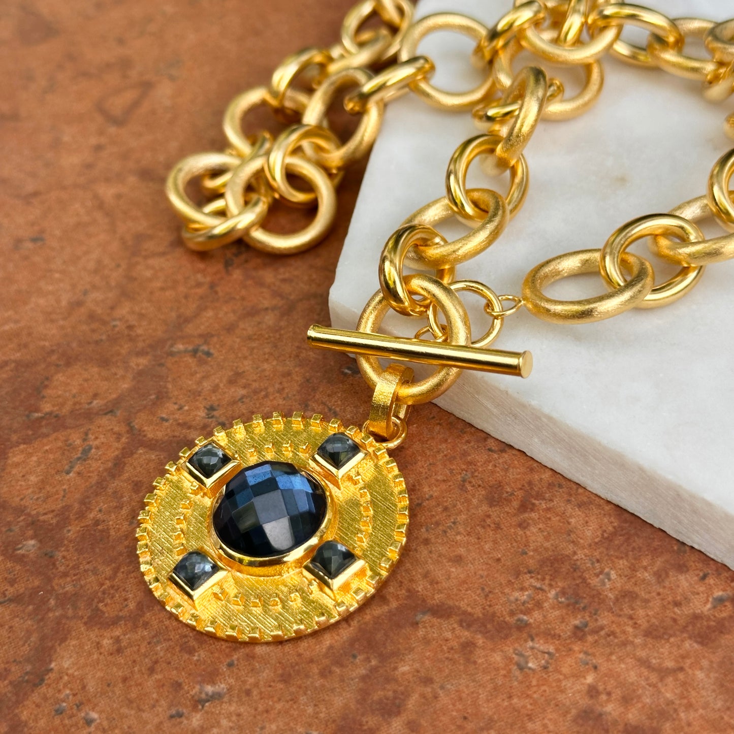 Yellow Gold-Plated Square and Round Blue Stone Toggle Necklace