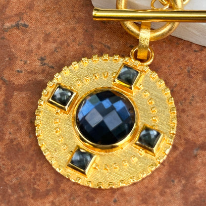Yellow Gold-Plated Square and Round Blue Stone Toggle Necklace