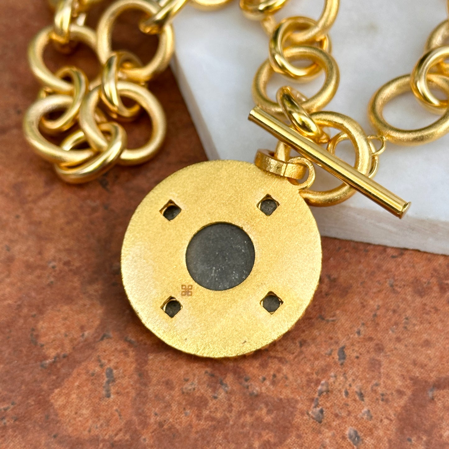 Yellow Gold-Plated Square and Round Blue Stone Toggle Necklace