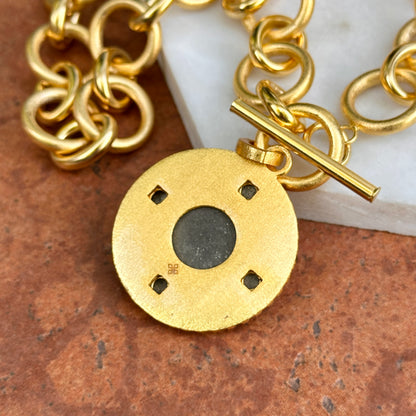 Yellow Gold-Plated Square and Round Blue Stone Toggle Necklace