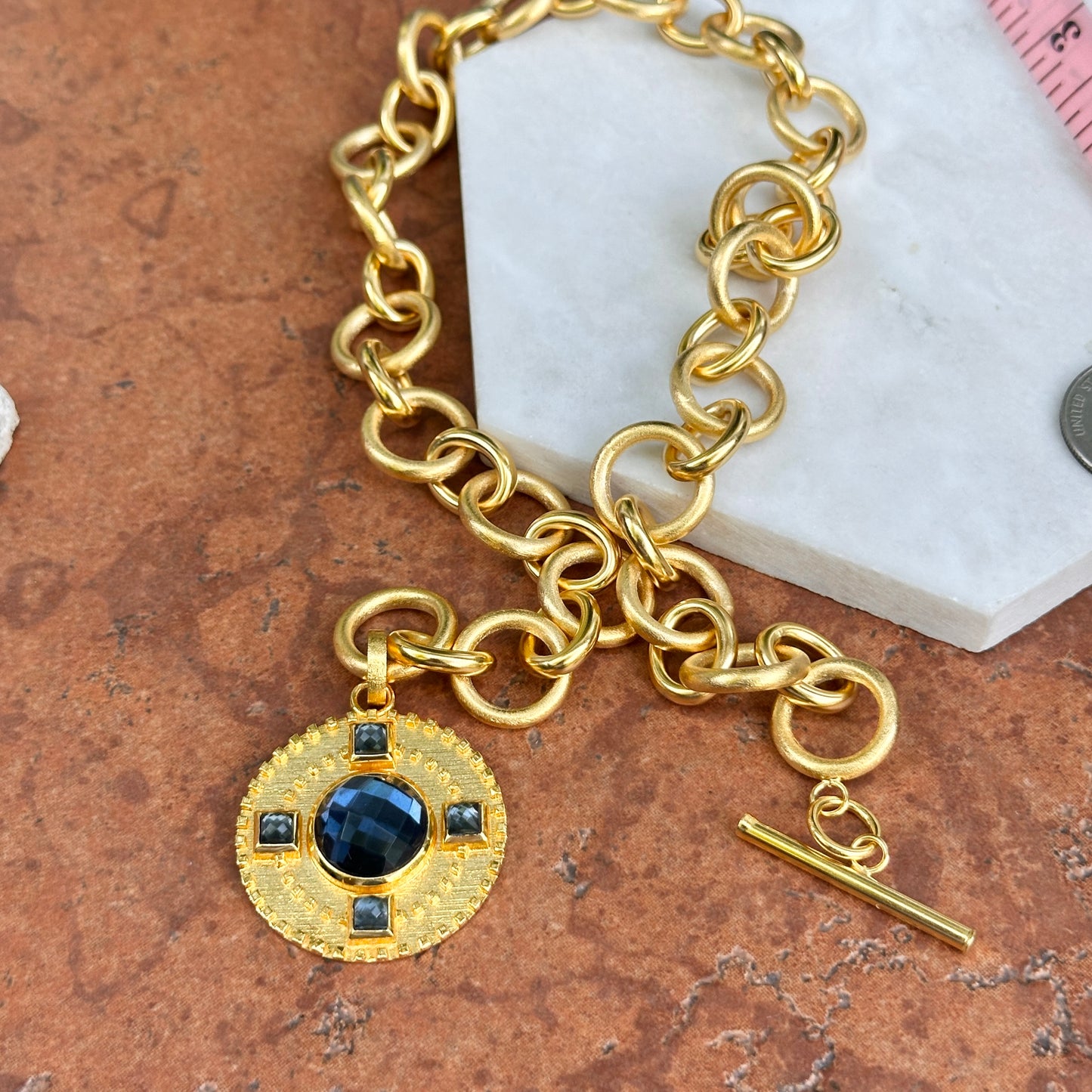 Yellow Gold-Plated Square and Round Blue Stone Toggle Necklace
