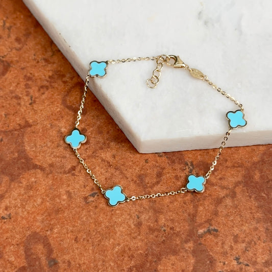 14KT Yellow Gold Turquoise Clover Station Chain Bracelet