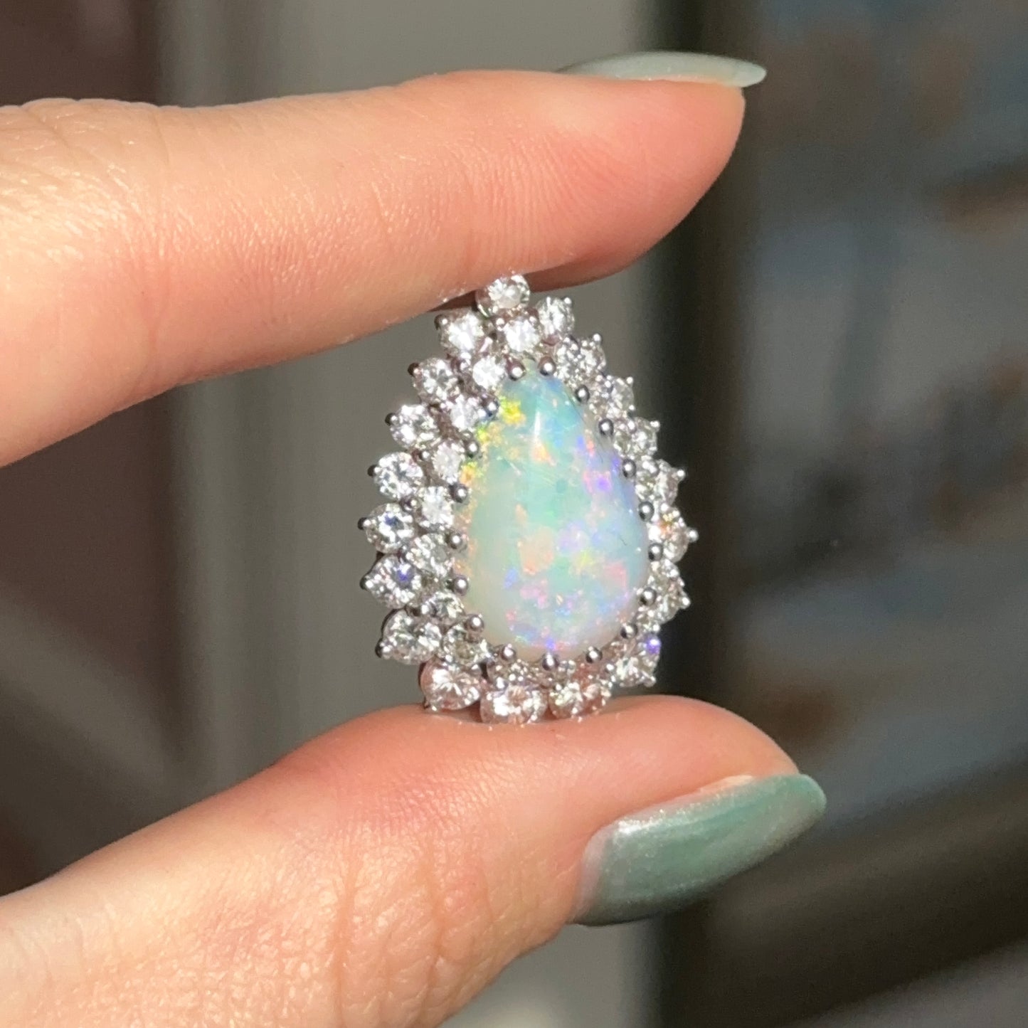 Estate 18KT White Gold Pear Opal + Double Diamond Halo Pendant Slide
