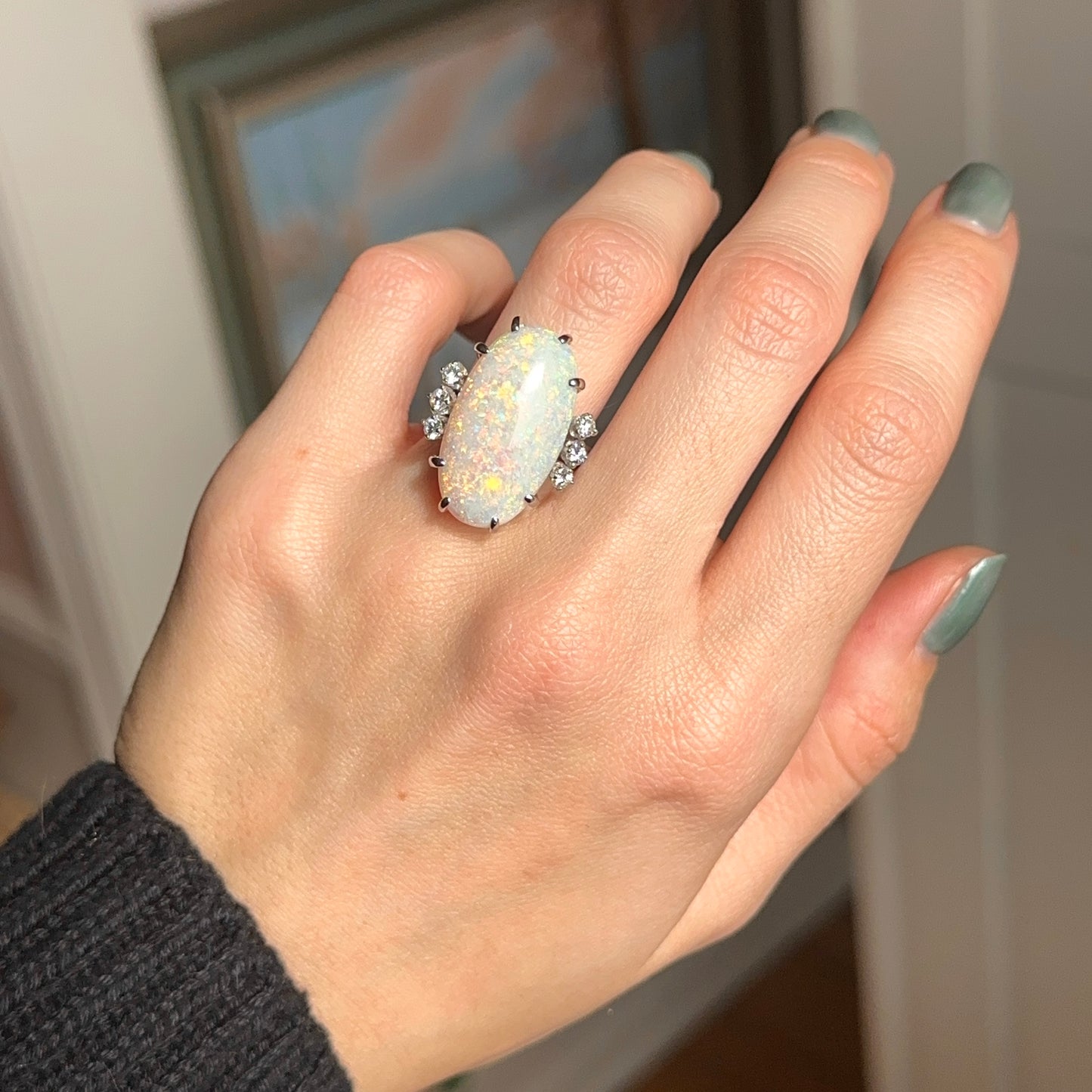 Estate 18KT White Gold Oval Opal + Diamond ring