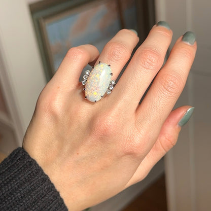 Estate 18KT White Gold Oval Opal + Diamond ring