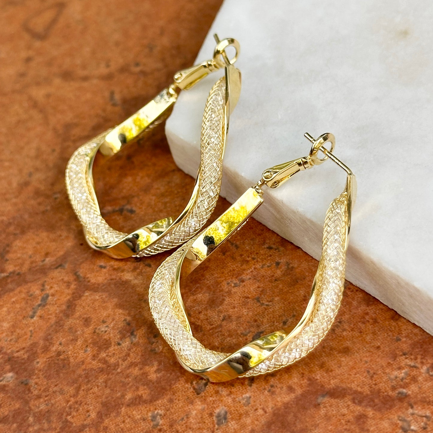 Yellow Gold-Plated Twisted Mesh Hoop Pierced Earrings