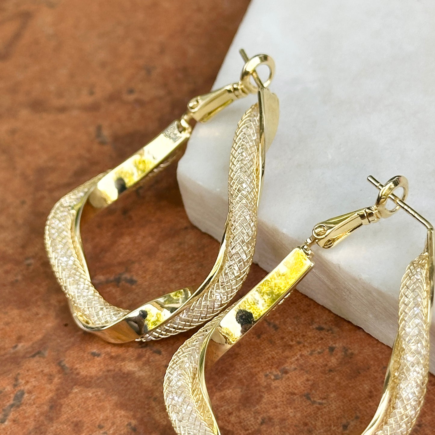Yellow Gold-Plated Twisted Mesh Hoop Pierced Earrings