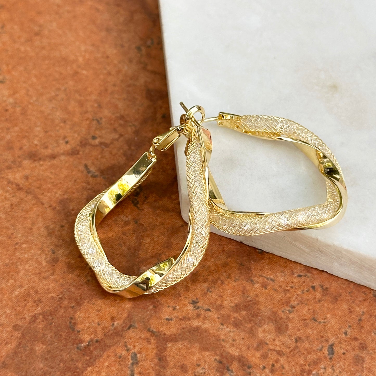 Yellow Gold-Plated Twisted Mesh Hoop Pierced Earrings