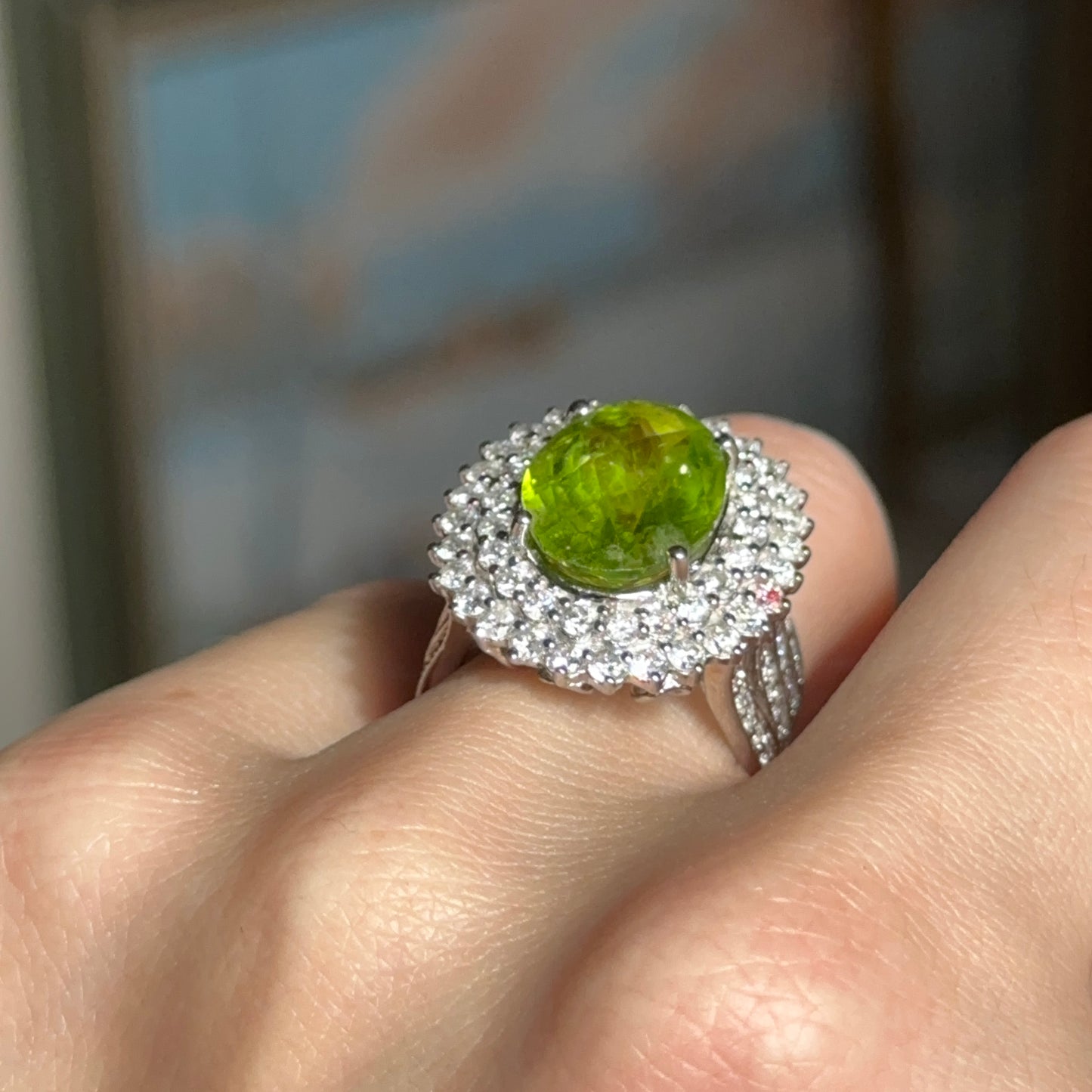 Estate 14KT White Gold Oval 5.3 CT Peridot + Diamond Halo Ring
