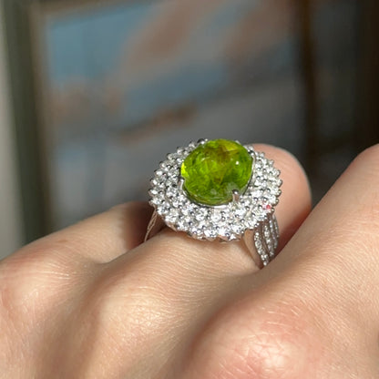 Estate 14KT White Gold Oval 5.3 CT Peridot + Diamond Halo Ring