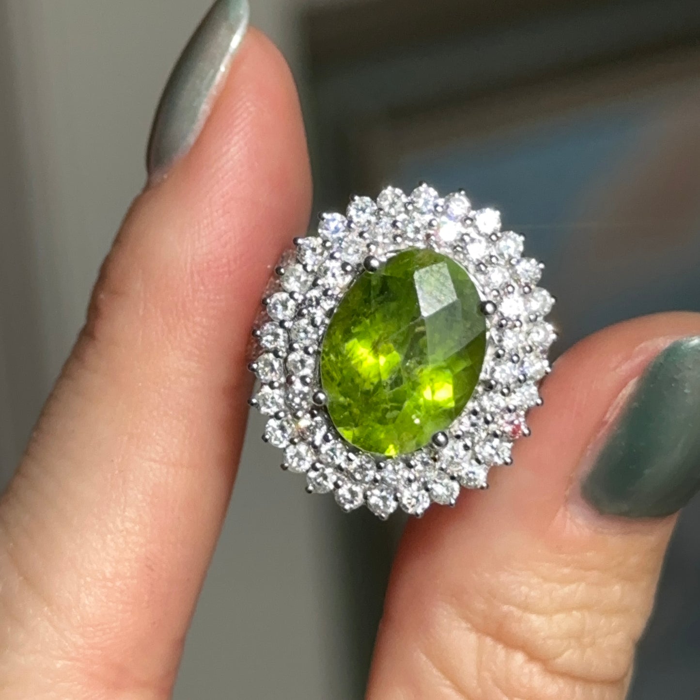 Estate 14KT White Gold Oval 5.3 CT Peridot + Diamond Halo Ring