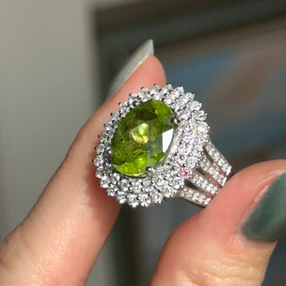 Estate 14KT White Gold Oval 5.3 CT Peridot + Diamond Halo Ring