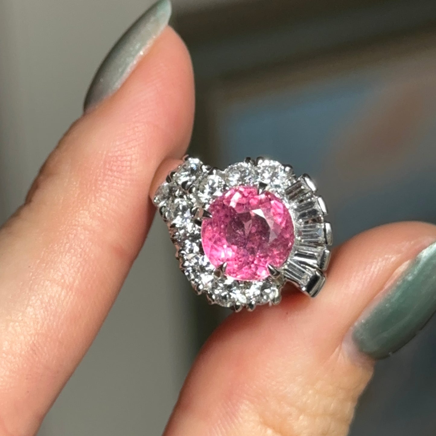 Estade Platinum Round Pink Tourmaline + Diamond Halo Bypass Ring