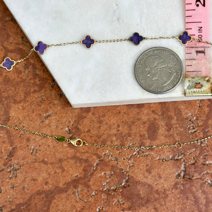 14KT Yellow Gold 7mm Purple Amethyst Clover Station Chain Necklace