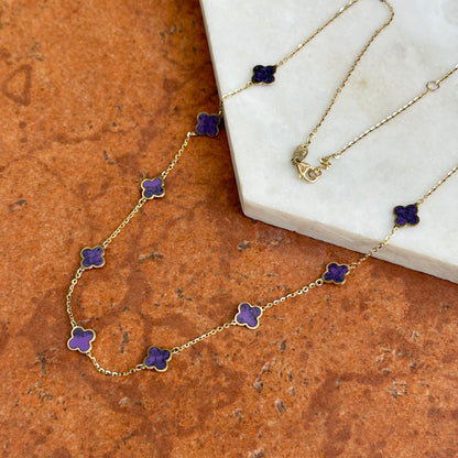 14KT Yellow Gold 7mm Purple Amethyst Clover Station Chain Necklace