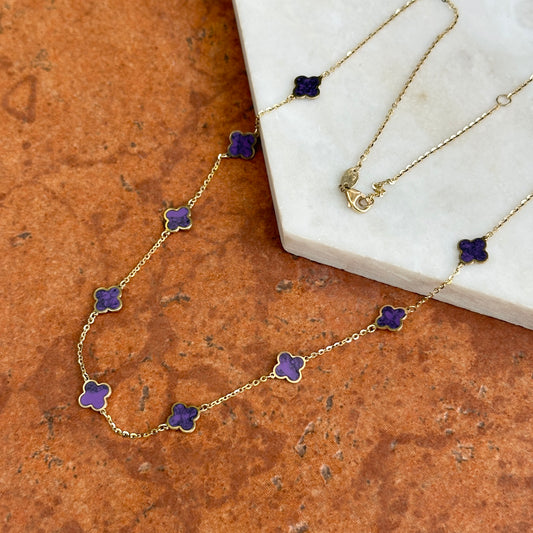 14KT Yellow Gold 7mm Purple Amethyst Clover Station Chain Necklace