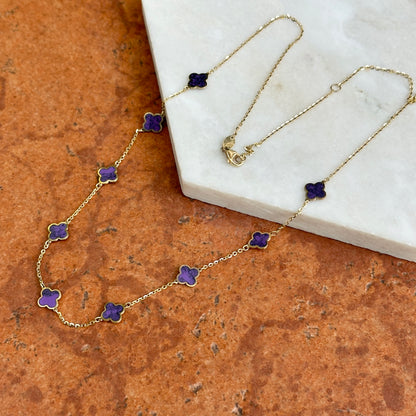 14KT Yellow Gold 7mm Purple Amethyst Clover Station Chain Necklace