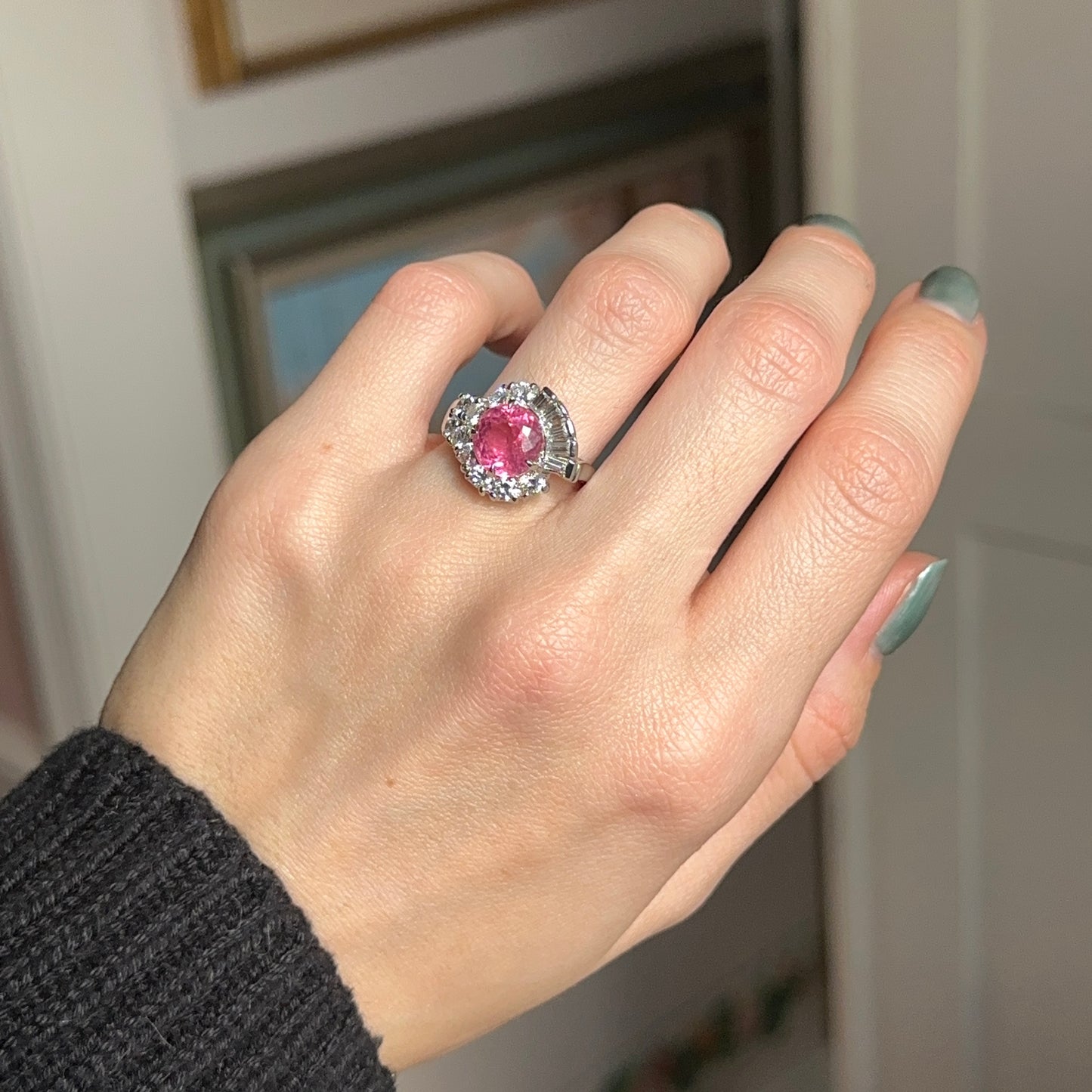 Estade Platinum Round Pink Tourmaline + Diamond Halo Bypass Ring