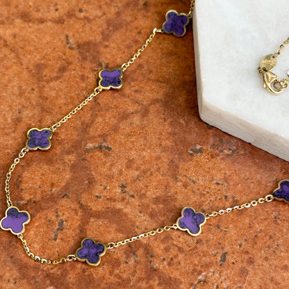 14KT Yellow Gold 7mm Purple Amethyst Clover Station Chain Necklace