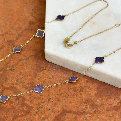 14KT Yellow Gold 7mm Purple Amethyst Clover Station Chain Necklace