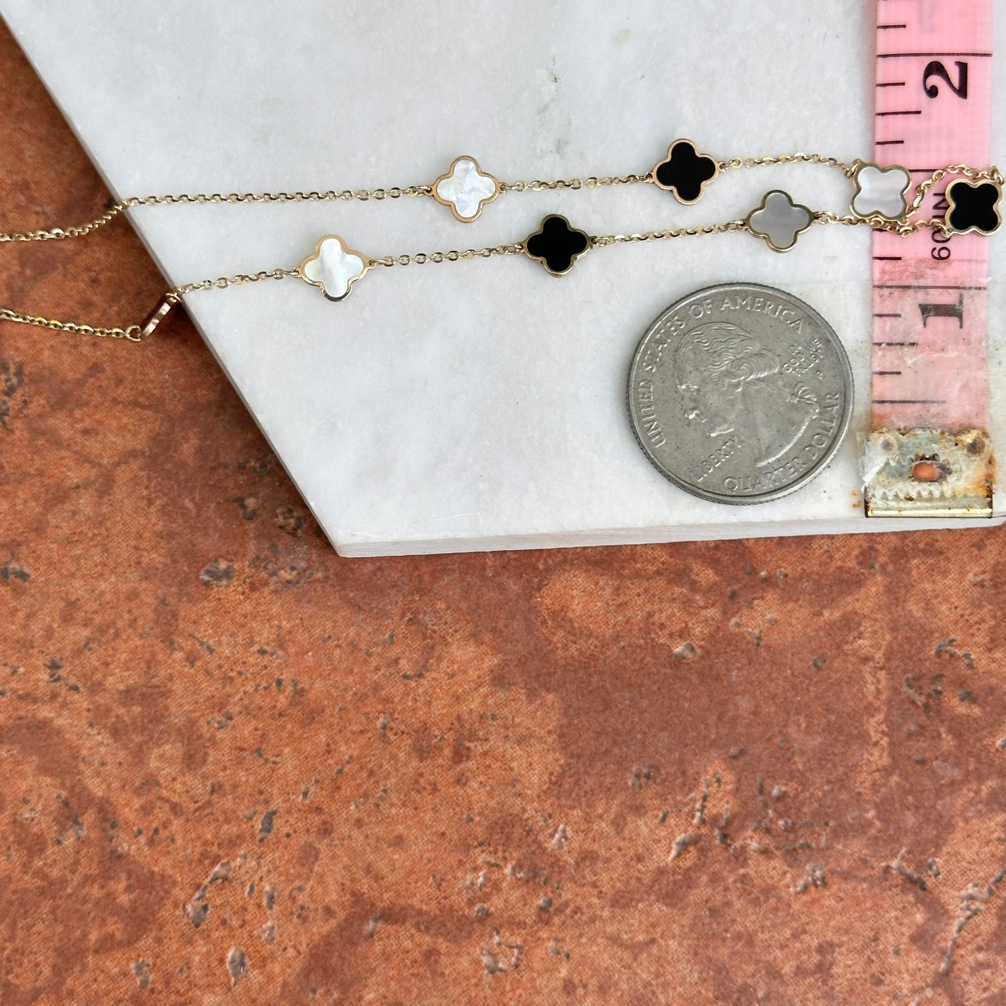 14KT Yellow Gold 7mm Black Onyx + White Mother of Pearl Clover Station Necklace