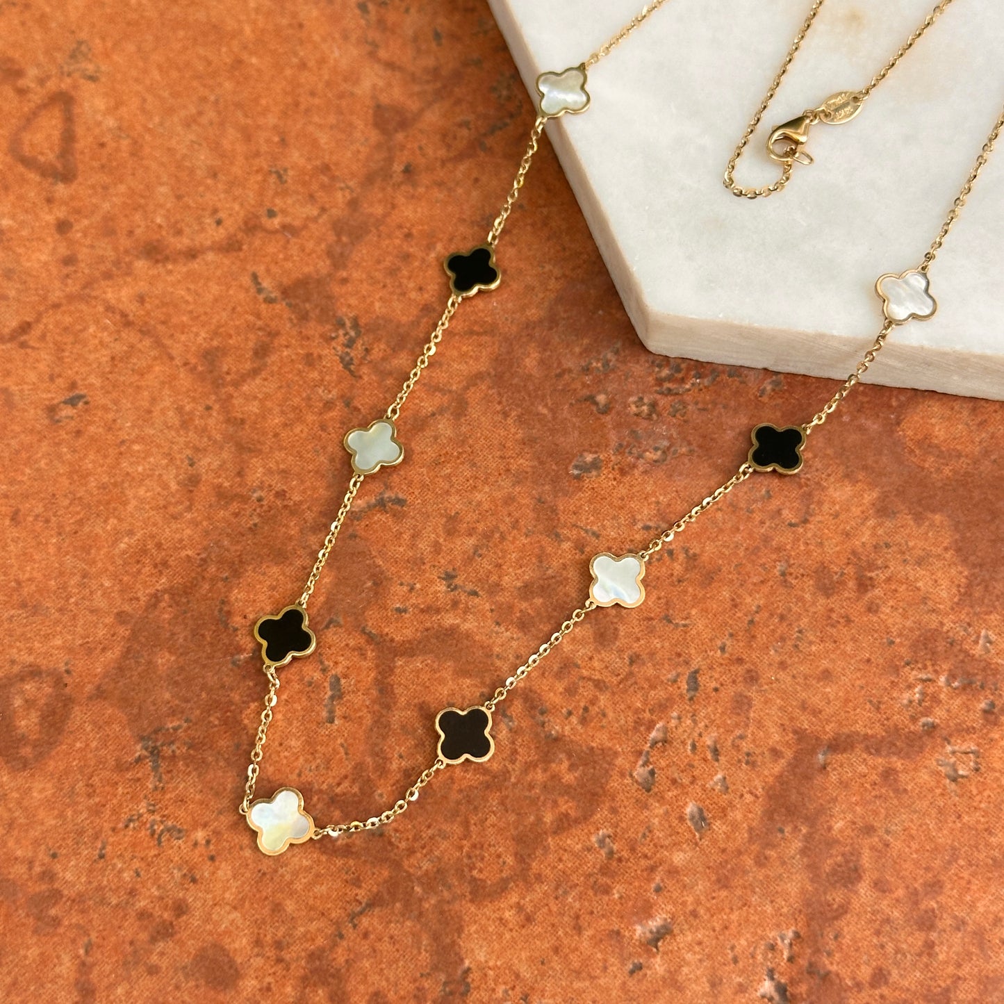 14KT Yellow Gold 7mm Black Onyx + White Mother of Pearl Clover Station Necklace