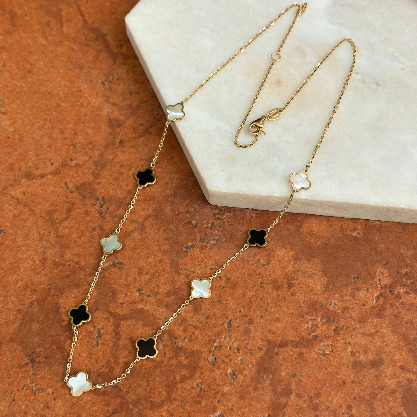 14KT Yellow Gold 7mm Black Onyx + White Mother of Pearl Clover Station Necklace