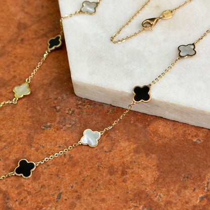 14KT Yellow Gold 7mm Black Onyx + White Mother of Pearl Clover Station Necklace