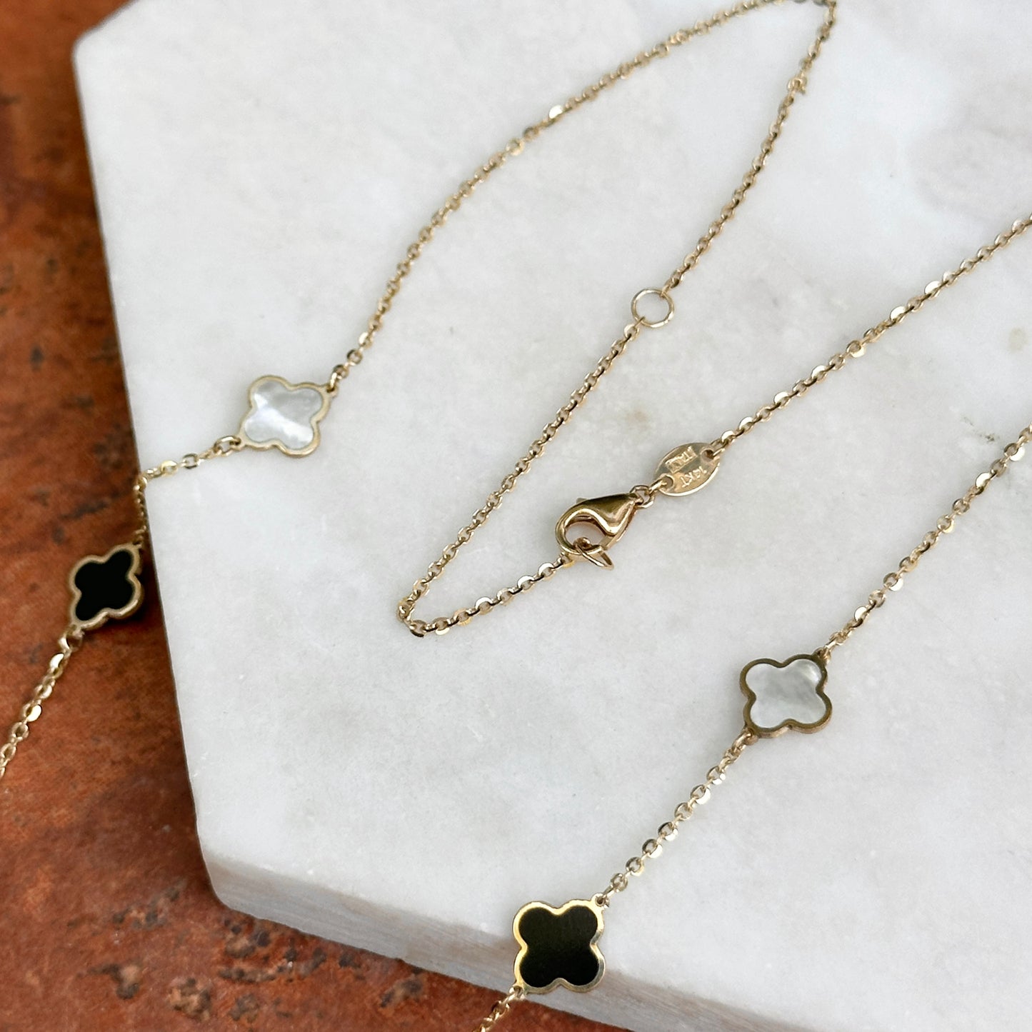 14KT Yellow Gold 7mm Black Onyx + White Mother of Pearl Clover Station Necklace